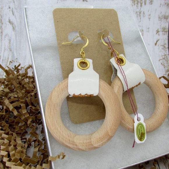 Artisan Jewelry - Genuine Leather and Wood Circle Earrings